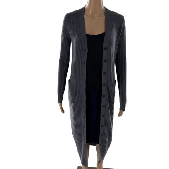 Vince Shadow Gray Cashmere Ribbed Duster Longline Midi Cardigan Sweater - Picture 7 of 12
